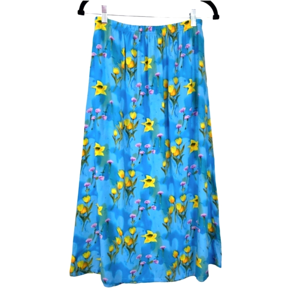 Vintage Carroll Reed Blue Floral A-Line‎ Midi Skirt